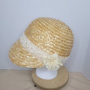 D&Y Straw Cloche Hat Lace Trim Flower Accent One Size Fits Most